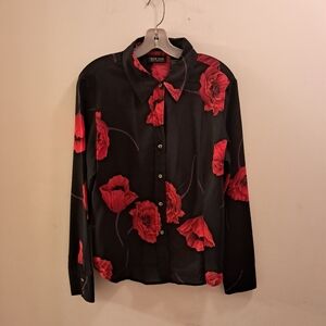 Vtg Y2K New York & Company Top Women's XL Black Red Floral Whimsigoth Grunge